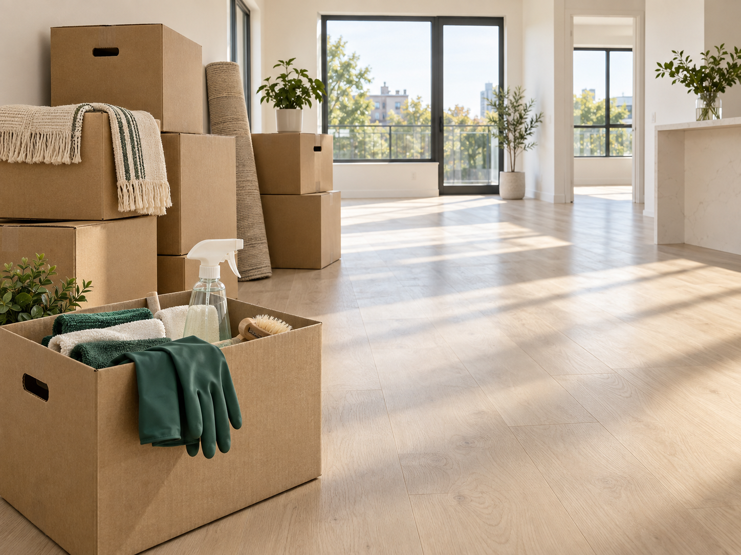 Packed moving boxes beside a box of cleaning supplies in a bright, freshly cleaned apartment