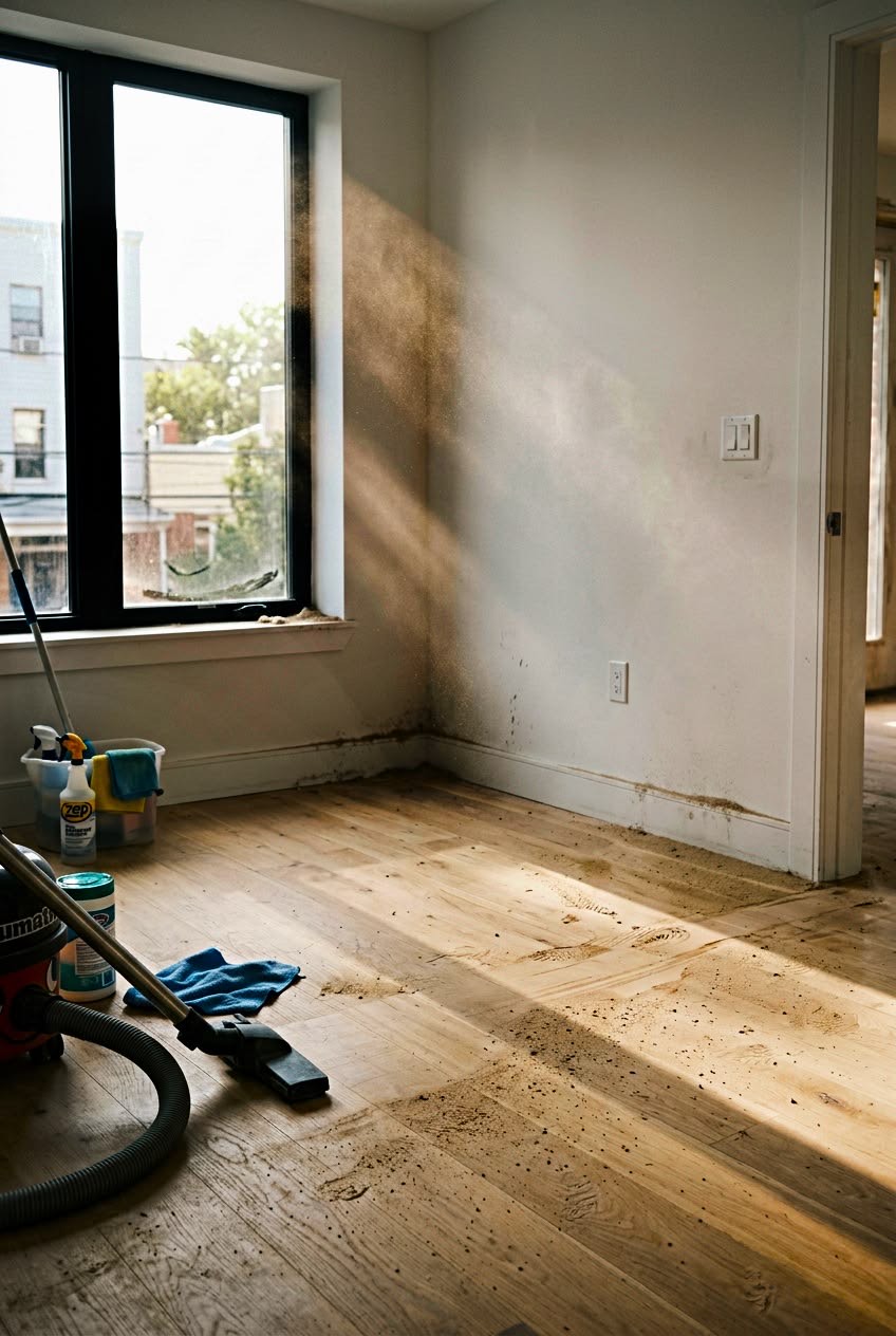 Dust and debris on a floor after construction, ready for cleanup